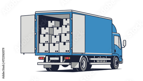 Delivery truck loaded with cardboard boxes ready for distribution and delivery. Delivery truck with multiple packages shows logistics for transportation of goods to final destination.