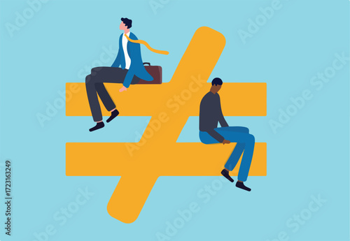 Human inequality and injustice, discrimination and racism as global social issue concept, upper class business man sitting on top of injustice, unfairness symbol with person of color at the bottom. 