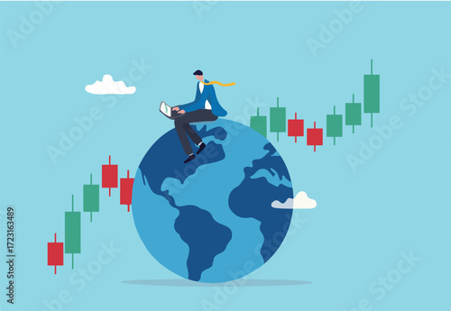 Global stock market, world or international investment, financial analysis or earning growth, stock trading concept, smart businessman investor trading on laptop on the globe with financial graph.