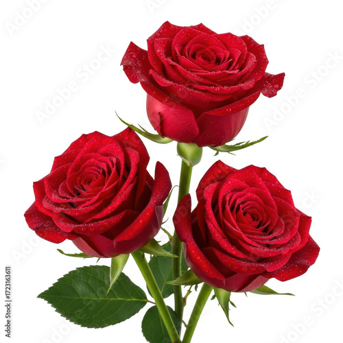 Three lush red roses with delicate petals arranged beautifully isolated on transparent background