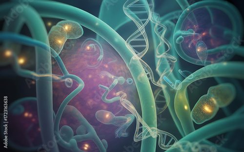 Illustration of dna strands and molecular structures in shades of blue and purple hues with glowing lights