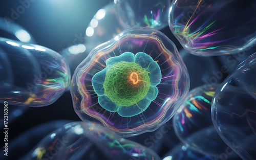 A microscopic view of cells with a green nucleus and colorful membrane structures surrounding them