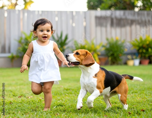 A happy toddler and dog play outdoors