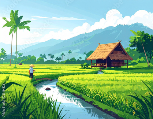 Flat Design Illustration of a Farmer in a Javanese Rice Field