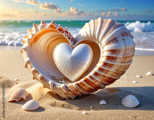 A heart nestled in a seashell on a sandy beach at sunrise