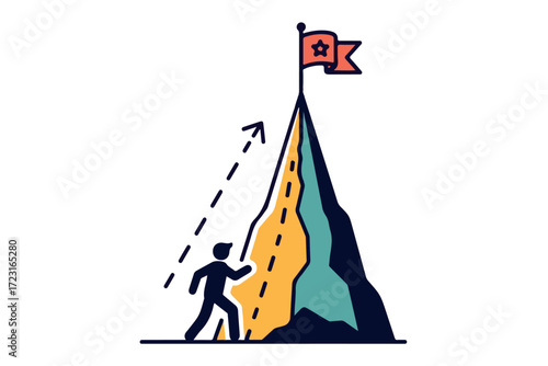 Person climbing a mountain towards a flag on the summit, symbolizing achievement