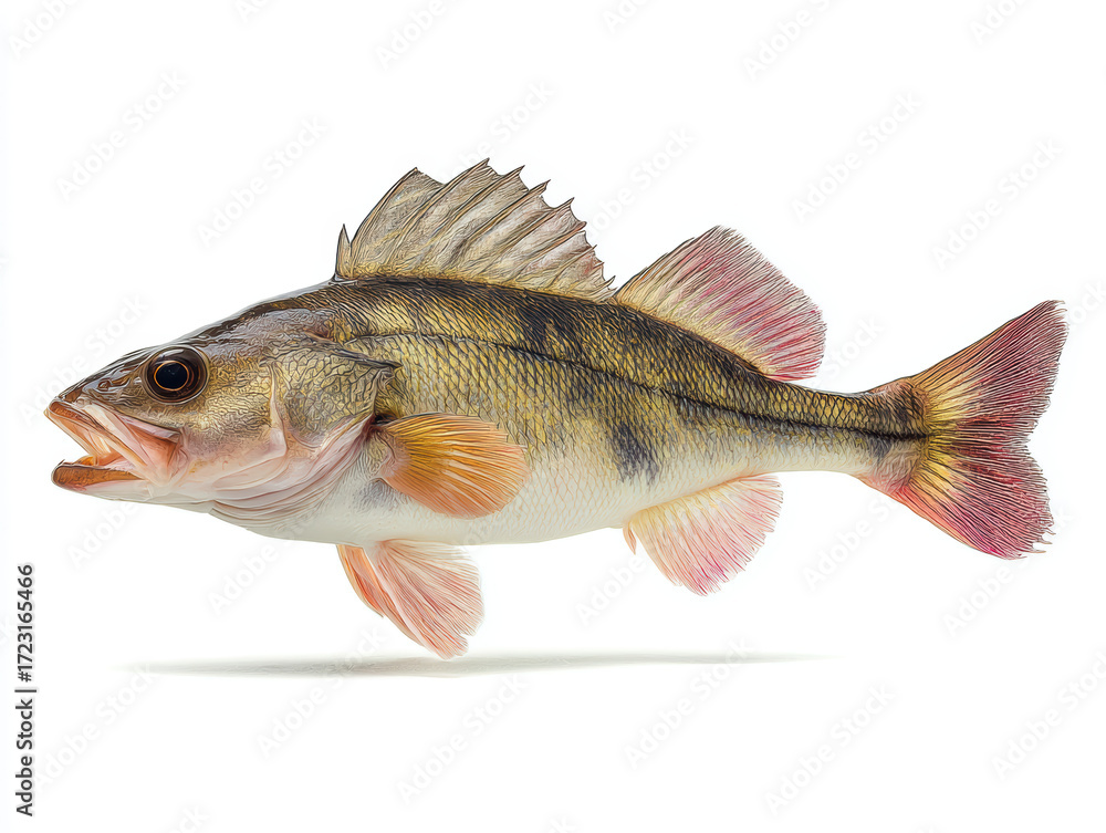 Fototapeta premium Hyper-realistic animation of a zander (Sander lucioperca) full-body straight side view with dorsal spines