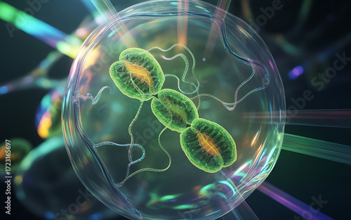 A microscopic view of a green cell structure enclosed in a transparent membrane with tendrils attached