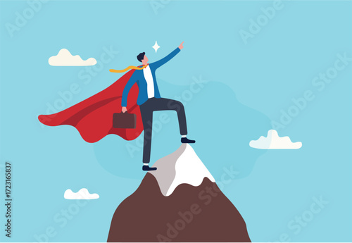 Ambition to success, motivation or aspiration to achieve goal, victory or career growth, challenge or aiming for success concept, successful businessman superhero pointing finger up on mountain peak. 