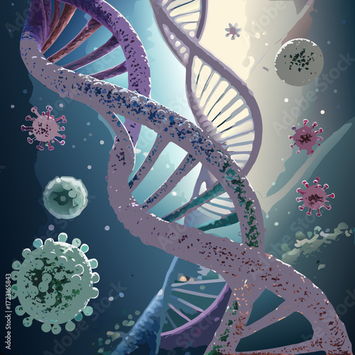 Dna strand with virus cell, genetic research and medical science