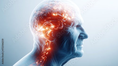 3D illustration of elderly man’s brain with neural activity