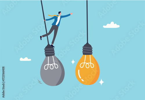 Change or transformation to new opportunity, change to new job, better career, improvement or move to different company, decision for new chance concept, businessman jump from old to bright lightbulb.
