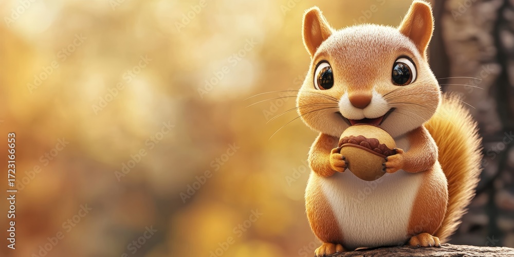 Fototapeta premium Adorable cartoon squirrel happily holding an acorn in its paws, surrounded by a vibrant autumn forest backdrop, capturing the joy of nature's bounty.