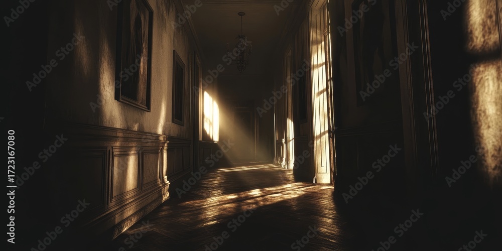 Fototapeta premium Hallway with a window in the middle. The light is shining on the floor. The hallway is dark and empty