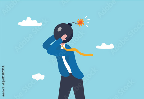 Anxiety, stressed or anger emotion, mental problem or depression, exhaustion or overworked concept, frustrated nervous businessman bomb head about to explode