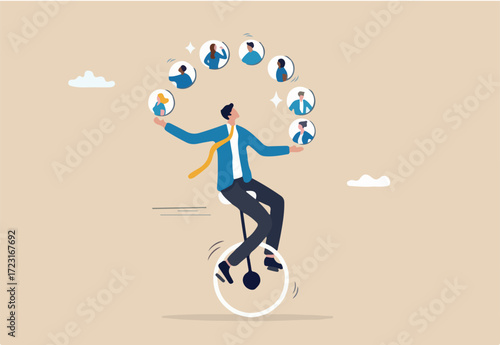 Talent or employee management, HR human resources to control staff, worker or discover new recruitment candidate concept professional businessman manager juggling employees to choose winner candidate.