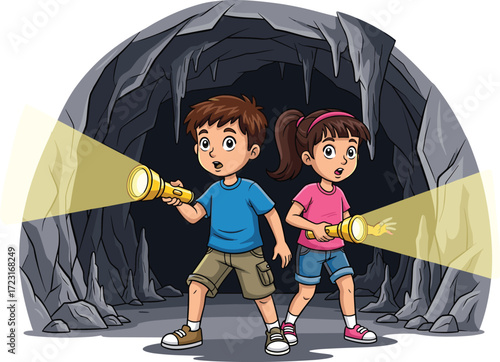A brave boy and girl with flashlights exploring a dark cave, a cartoon illustration of adventure, discovery, and curiosity, perfect for educational themes