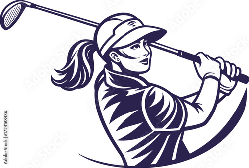 Female Golfer Realistic Illustration. Professional Woman Golf Player Artwork. Athletic Female Golfer Swing Pose. Stylish Woman Golfer Sports Design. Beautiful Lady Golf Player in Action Illustration