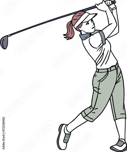Female Golfer Realistic Illustration. Professional Woman Golf Player Artwork. Athletic Female Golfer Swing Pose. Stylish Woman Golfer Sports Design. Beautiful Lady Golf Player in Action Illustration