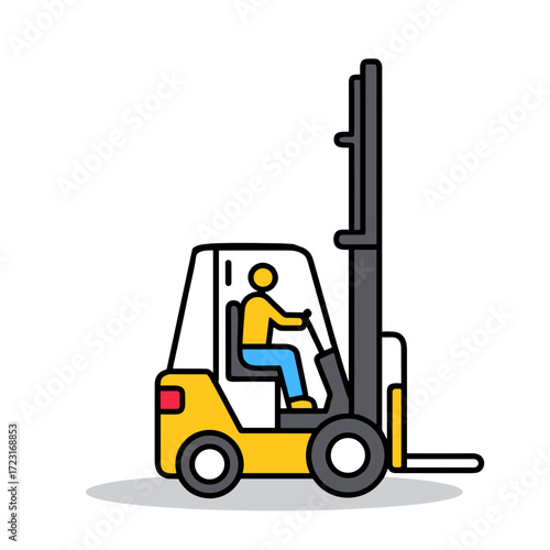 Warehouse worker operating yellow forklift in industrial setting  in minimalist design