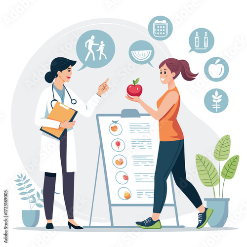 Doctor giving consultation about healthy food to patient vector art