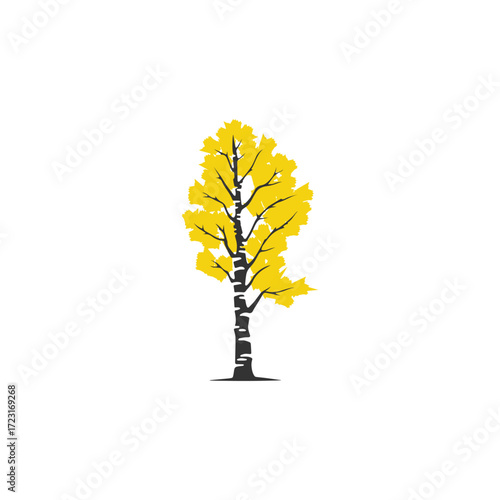 A stylized illustration of a birch tree with bright yellow autumn leaves on a white background.