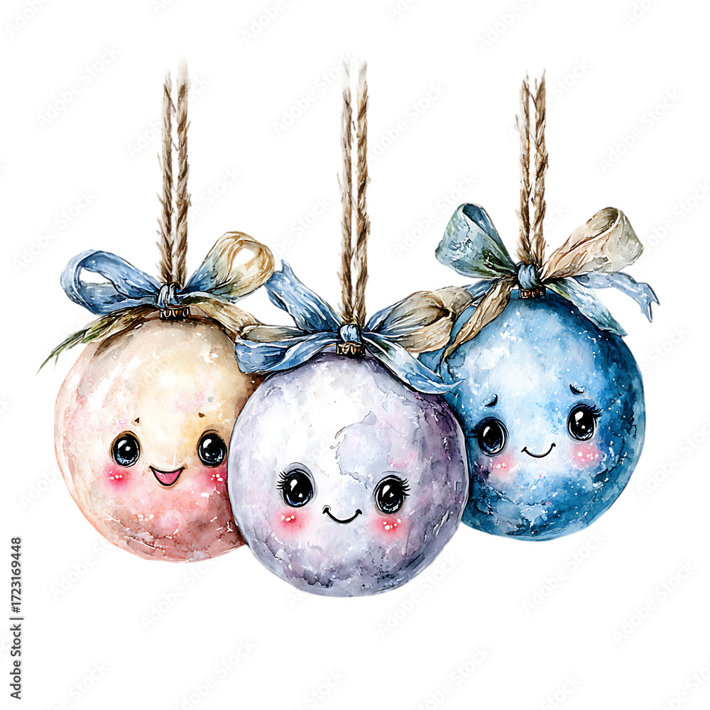 Fototapeta premium collection of three pastel baubles (pink, mint, lavender) with kawaii faces Pastel Christmas Ornament Stickers Holiday Planner and Scrapbooking Supplies