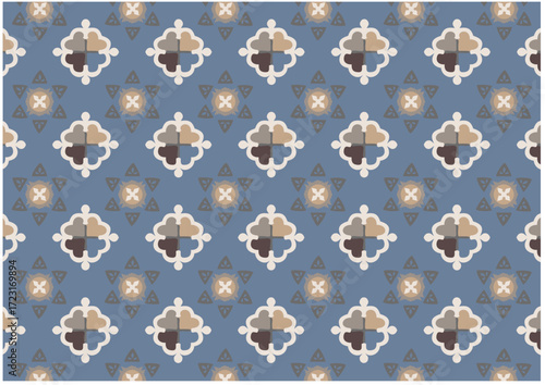 Elegant vintage-inspired seamless pattern featuring ornamental geometric hexagram stars and symmetrical quatrefoil designs