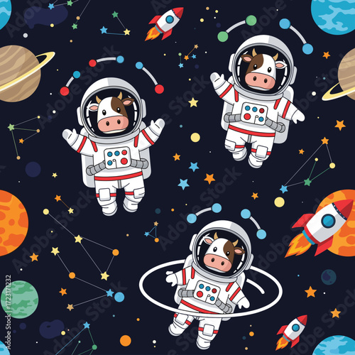 Whimsical astronaut cows exploring outer space with planets rockets and stars Fun kids design