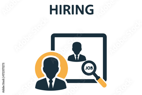 Hiring icon with people and magnifying glass searching for job, isolated on Transparent Background
