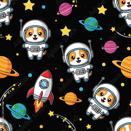 Cute astronaut dogs rockets and planets in a fun seamless space pattern for kids adventure