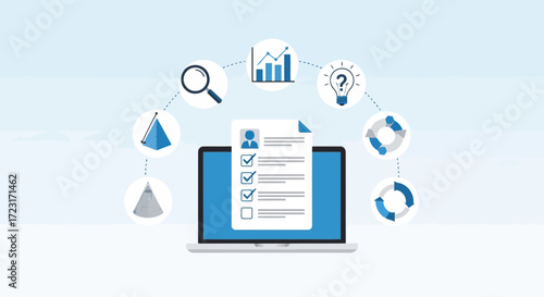 Laptop with checklist and business icons representing business analysis vector design