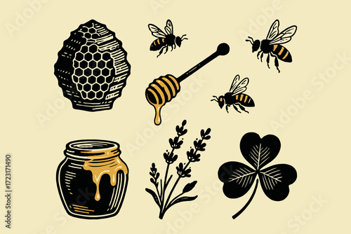 Bees, honey jar, honeycomb, herbs, and clover in rustic hand-drawn graphic style on beige background, concept of beekeeping and nature harmony