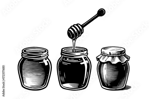 Three hand-drawn honey jars including one with dipper, vintage engraving style, on white background, concept of traditional beekeeping