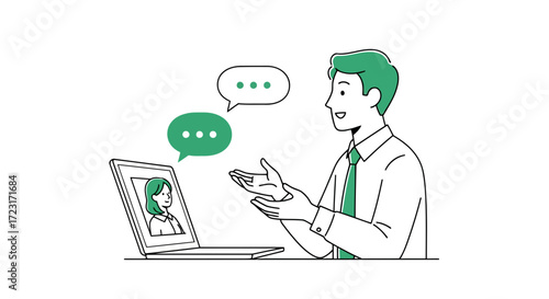 Man in a video call with a woman on a laptop, showcasing remote communication vector design