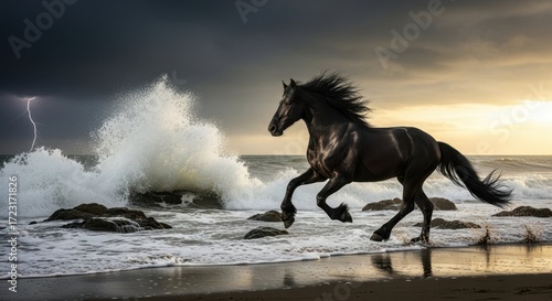 Year of the horse illustrated by galloping horse with dark, stormy clouds over ocean. Year of the horse art depicts power and majesty, waves crashing in background, rocky shoreline.