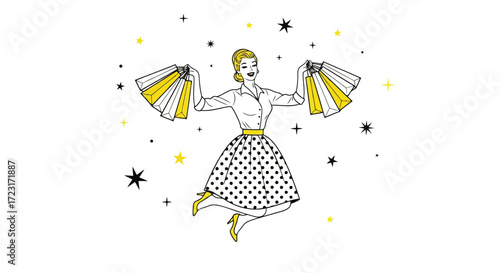 Happy woman jumping with shopping bags, celebrating a good deal vector design
