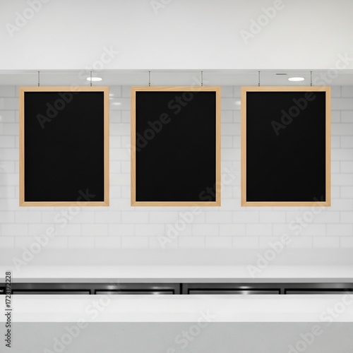 Three blank black chalkboards with light wooden frames hanging in a modern cafe or restaurant interior, ready for menu display.