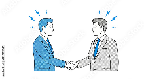 Two businessmen shaking hands with blue lightning bolts vector design