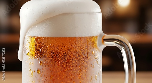 Ice cold draft beer in a frosty glass mug with overflowing foam.