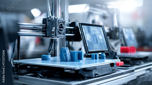 Obraz na płótnie 3D printer in operation creating blue plastic objects in a laboratory setting