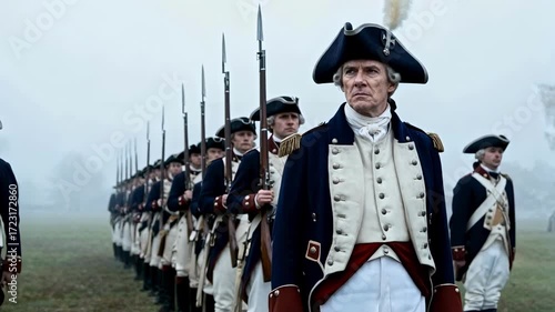 An 18th-century general in uniform stands with his continental army soldiers holding muskets on a foggy battlefield, representing the american revolutionary war and military history