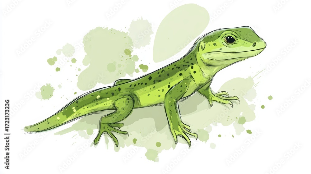Fototapeta premium A vibrant illustration of a green lizard showcasing its unique features on a soft, blurred background. Perfect for nature and wildlife themes.