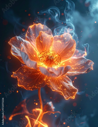 A luminous flower glows with ethereal beauty, surrounded by wisps of smoke, creating a mystical and enchanting atmosphere.