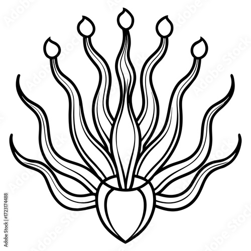 Stylized black and white abstract floral design with flowing petals and bulbous tips