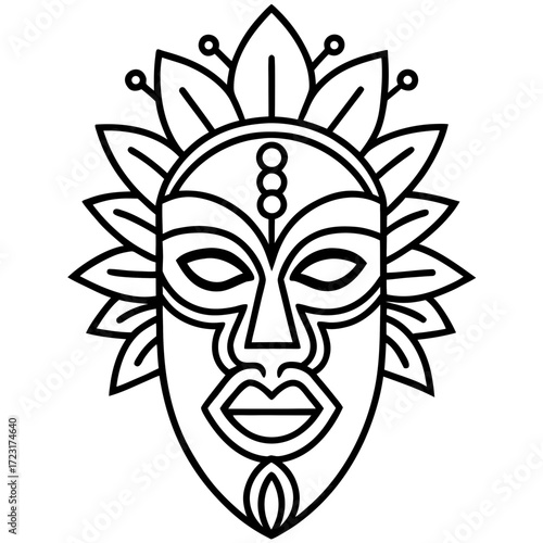 Stylized african tribal mask with leafy headdress and bold features