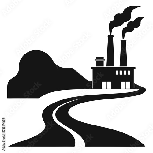 Industrial factory with smoke stacks and a winding road leading to a mountain landscape