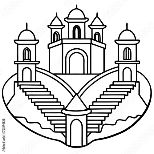 Stylized black and white line art illustration of a grand architectural structure with domes and stairs