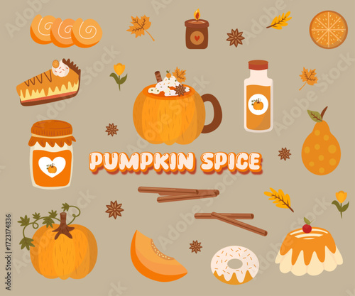 set of pumpkin spice seasonal products autumn food and drink;