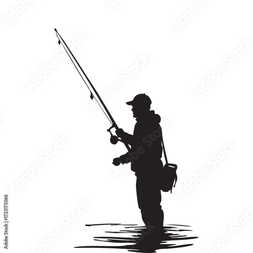 Silhouette of a person holding a gun, sword, and violin